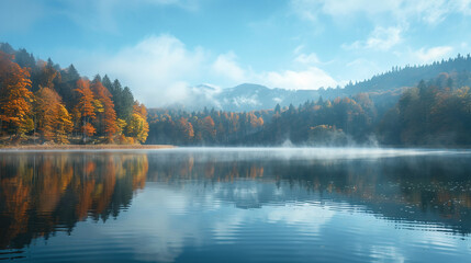Fototapeta premium Morning fog over a lake near an autumn forest against the backdrop of mountains