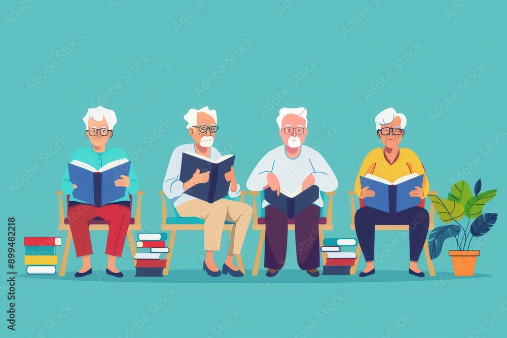 Leinwandbilder elderly people study foreign languages together, using textbooks and dictionaries while seated comfo