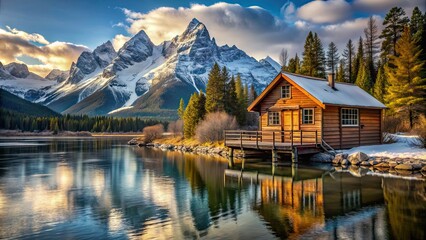 Wooden cabin nestled along a riverside with a backdrop of snow-capped mountain peaks, cabin, wooden, riverside, snow peak