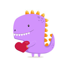 Cute dinosaur with a small heart in his hands. Vector illustration isolated on white background in flat style.
