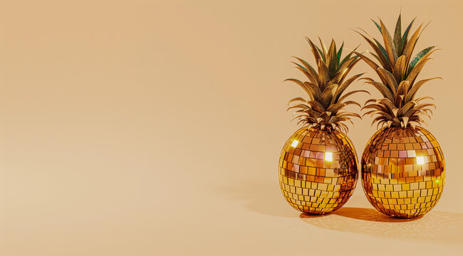 gold pineapple disco ball fruit modern pop art surreal tropical vibrant playful glossy reflective quirky food decor concept background copy space banner abstract creative fun bright summer