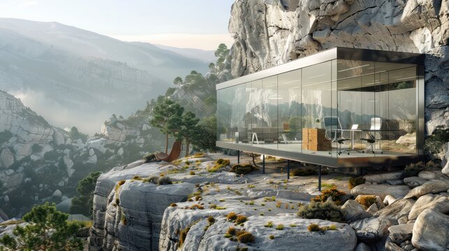 modern glass office integrated into a rocky mountain face, offering dramatic views and a unique blend of natural and modern design elements