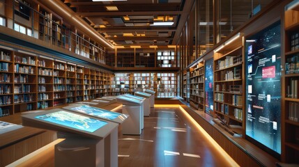 modern library with digital book browsing stations and augmented reality reading experiences