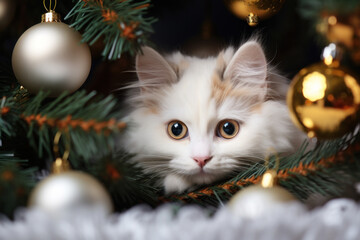 A white Persian cat hides in the branches of a Christmas tree.