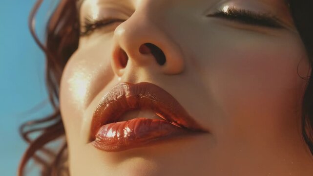 Close-up of a pair of glossy red lips slightly parted, exuding a sense of sensuality and allure. The image highlights the vibrant color and smooth texture, capturing the essence of beauty and desire