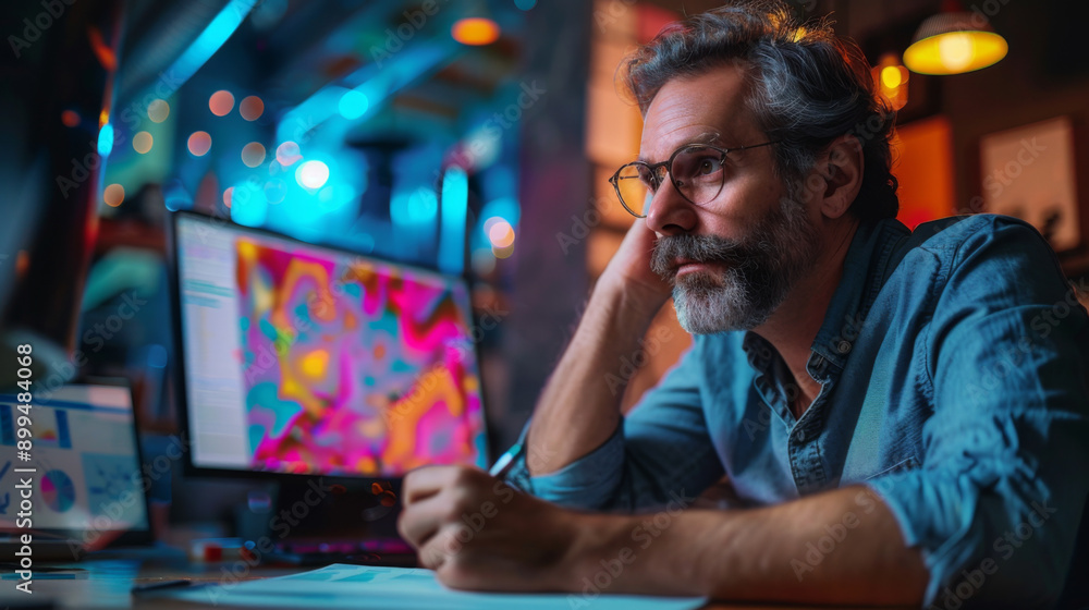 Poster a thoughtful man working late at his desk, illuminated by computer screens and ambient lighting in a