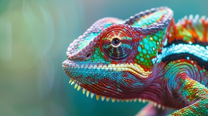 Obraz premium Close up colorful chameleon. Tropical wildlife animal. Color changing.