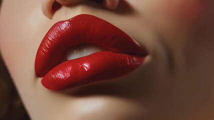 Close-up of a pair of glossy red lips slightly parted, exuding a sense of sensuality and allure. The image highlights the vibrant color and smooth texture, capturing the essence of beauty and desire