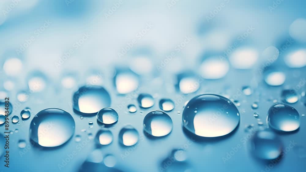Poster a blue background with many small water droplets scattered throughout. the droplets are of various s