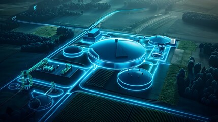 Futuristic Biogas Plant with Digital Holographic Monitoring in Rural Landscape
