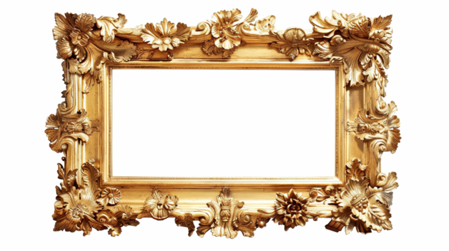 Vintage Golden Rectangle Frame on Transparent Background PNG - Antique Gold Carved Gilded Victorian Luxury Modern Empty Image Fretwork Woodcut Engraving Metal Carved Ornate Museum Picture Photo 
