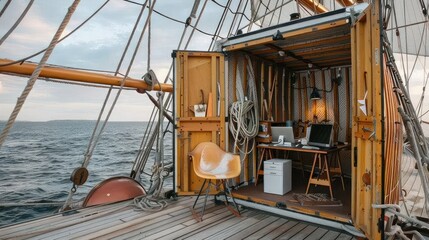 portable office set up on the deck of a historic sailing ship, combining old-world charm with modern work essentials