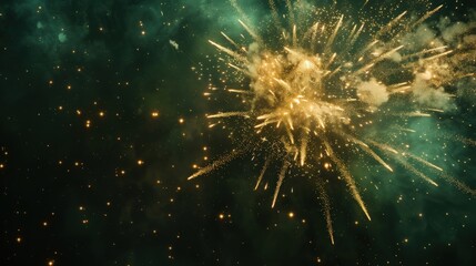 Fototapeta premium Gold and green fireworks bursting against a starry backdrop in the night sky