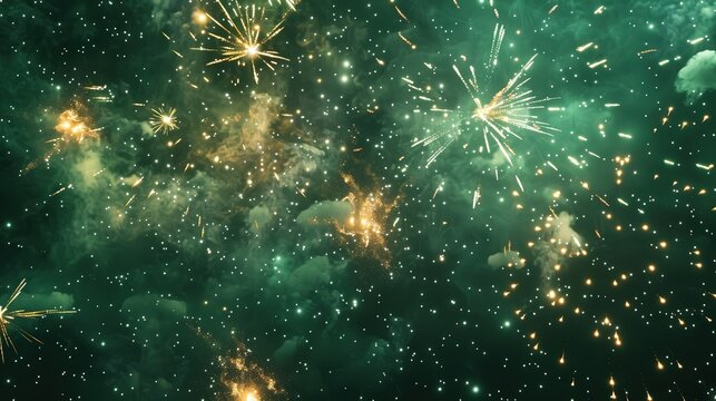 Gold and green fireworks bursting against a starry backdrop in the night sky