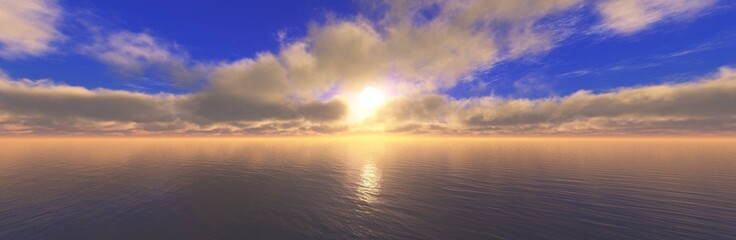 Fototapeta premium Panorama of sea sunset, ocean sunrise, seascape, 3d rendering 