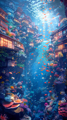 Obraz premium vertical illustration of city buildings under the sea with nuances of coral reefs and fish