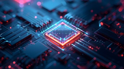 Fototapeta premium Polygonal Quantum Computing Core with Neon Glow - Futuristic Digital Technology Concept