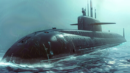 modern nuclear submarine sailing in the sea.