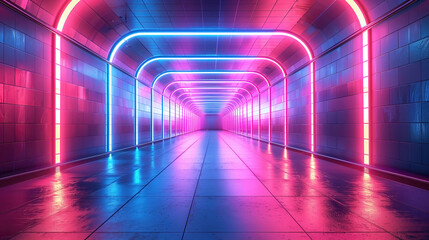 Fototapeta premium Abstract background neon lit tunnel, purple blue glowing laser beam lights.