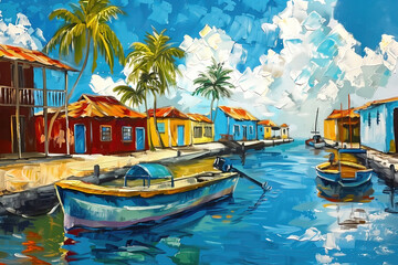 Obraz premium Atmospheric landscape of a small town by the caribbean sea, oil painting illustration