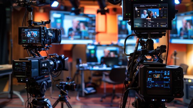 professional studio setup for a virtual webinar, with high-tech cameras and monitors showing a live audience
