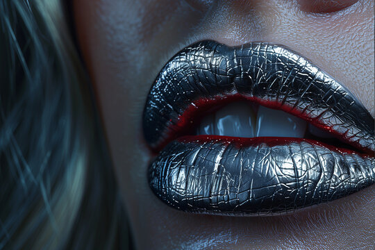 Metallic silver lips closeup futuristic makeup fashion bold design concept edgy beauty red accents glossy skin modern lighting abstract portrait ad cosmetics luxury editorial with copy space backgroun