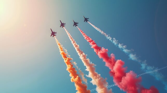 A squadron of sleek jet fighters flying in a tight formation, leaving colorful trails of smoke across a clear blue sky