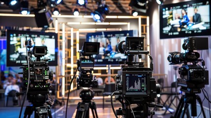 professional studio setup for a virtual webinar, with high-tech cameras and monitors showing a live audience