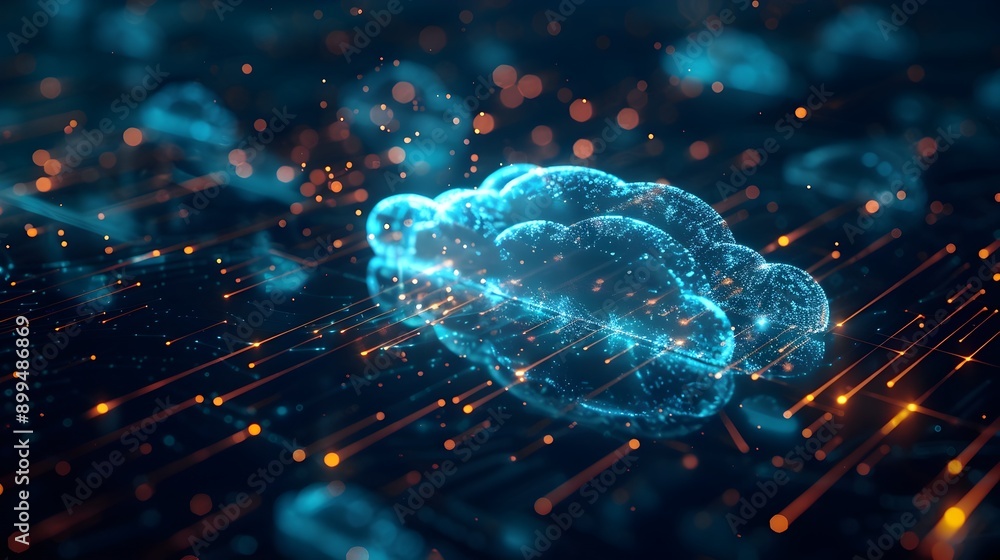 Poster glowing abstract cloud computing network with futuristic data nodes and connections