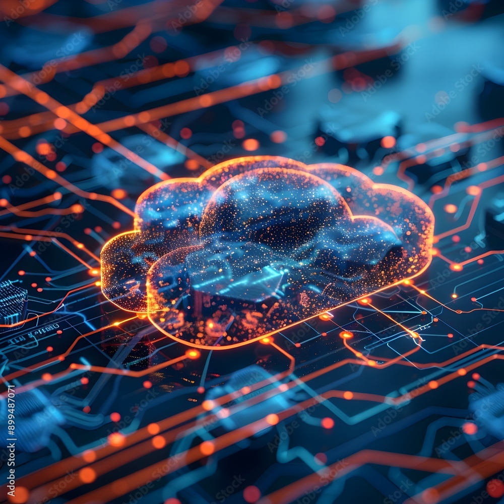 Poster glowing digital cloud network with streaming data representing cloud computing and communication