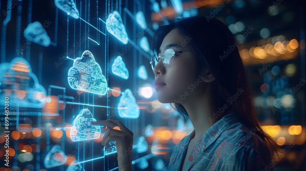 Poster businesswoman using augmented reality to manage cloud data with floating icons and connections