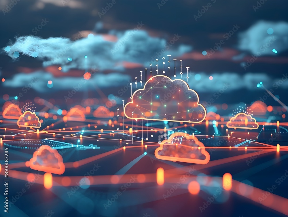 Poster futuristic digital cloud network with interconnected nodes and lines representing business communica