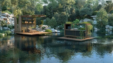 remote office space set up on a large, tranquil pond, with a floating platform, eco-friendly materials, and a panoramic view of the natural setting