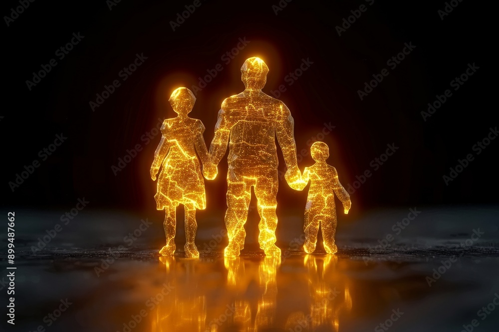 Aufkleber glowing family figures walking hand in hand illuminated in a golden light representing unity and war