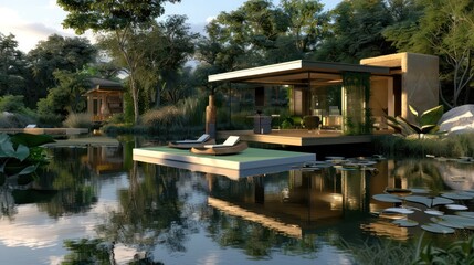 remote office space set up on a large, tranquil pond, with a floating platform, eco-friendly materials, and a panoramic view of the natural setting