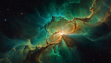 Obraz premium Iridescent nebula with shades of gold and emerald green