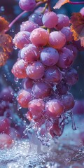 Glistening Grapes: Close-Up of Water-Drenched Purple Grapes with Dewdrops in a Vibrant, Refreshing Setting