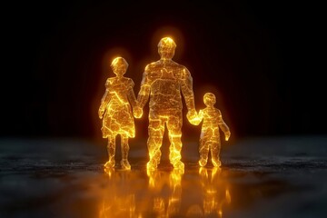 Glowing family figures walking hand in hand illuminated in a golden light representing unity and warmth