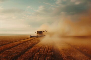 Dust rising from combine during crop harvesting, no-till technology professional occupation 