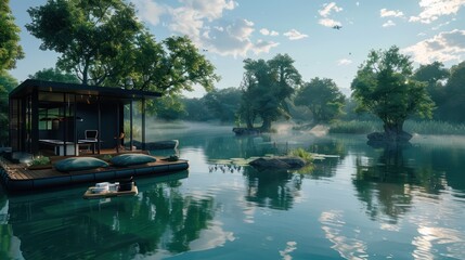 Fototapeta premium remote office space set up on a large, tranquil pond, with a floating platform, eco-friendly materials, and a panoramic view of the natural setting