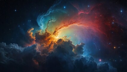 Fototapeta premium Cosmic cloud nebula with rainbow colors and distant constellations