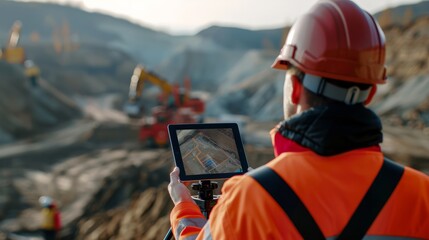 Construction Worker Using Tablet to Control Mining Equipment with Digital Map, Land Bridge in Background, construction worker, tablet, iPad, controlling equipment, digital map, layout, open landscape 