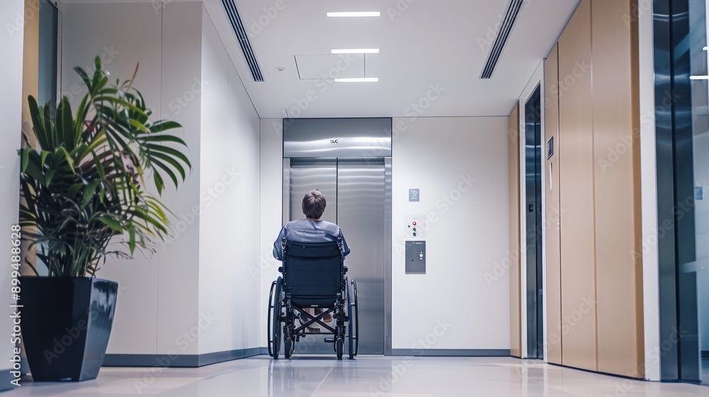 Poster Man in a wheelchair waiting for an elevator in a modern office building. Highlighting accessibility in public spaces.