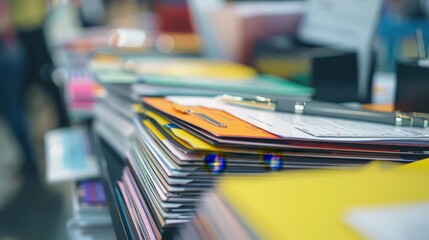 A close-up shot of various conference pamphlets and schedules neatly arranged on a registration desk at a business convention