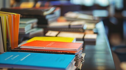 A close-up shot of various conference pamphlets and schedules neatly arranged on a registration desk at a business convention