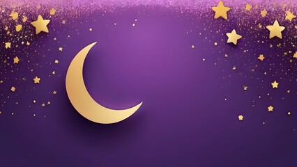 Fototapeta premium A gradient background transitions from purple to a darker shade, adorned with tiny golden glitter, a crescent moon, and twinkling stars.