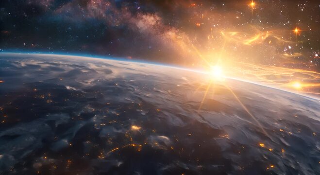 A planet with a sun in the sky