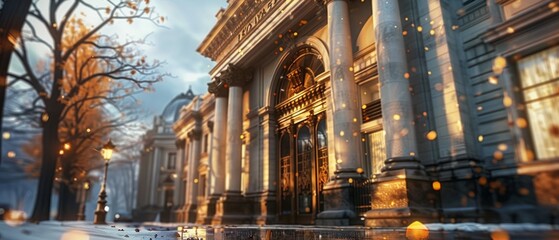 Fototapeta premium A night scene of a classical building with lit Roman pillars, golden details, and a whimsical vibe from sparkling particles and autumn leaves, reflecting recent rain.