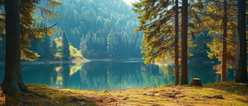 Tranquil lake in forest with tree trunks, reflecting sky. Pine and spruce trees enhance serene atmosphere, scattered stones add natural beauty.