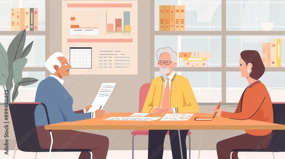 Aufkleber three elderly individuals discuss important topics at a table in a bright office with charts and doc